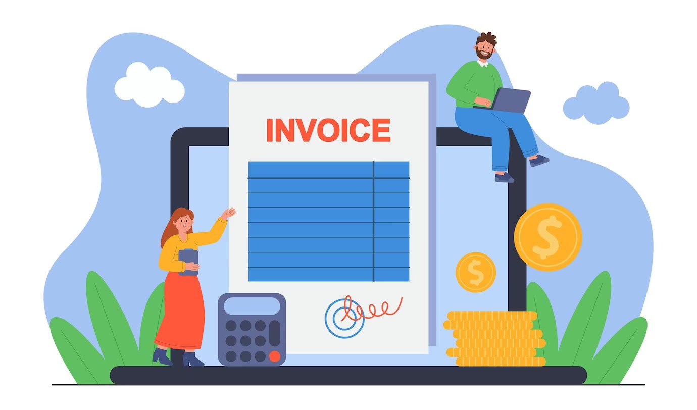 sales invoice, vector image of team members working on an invoice